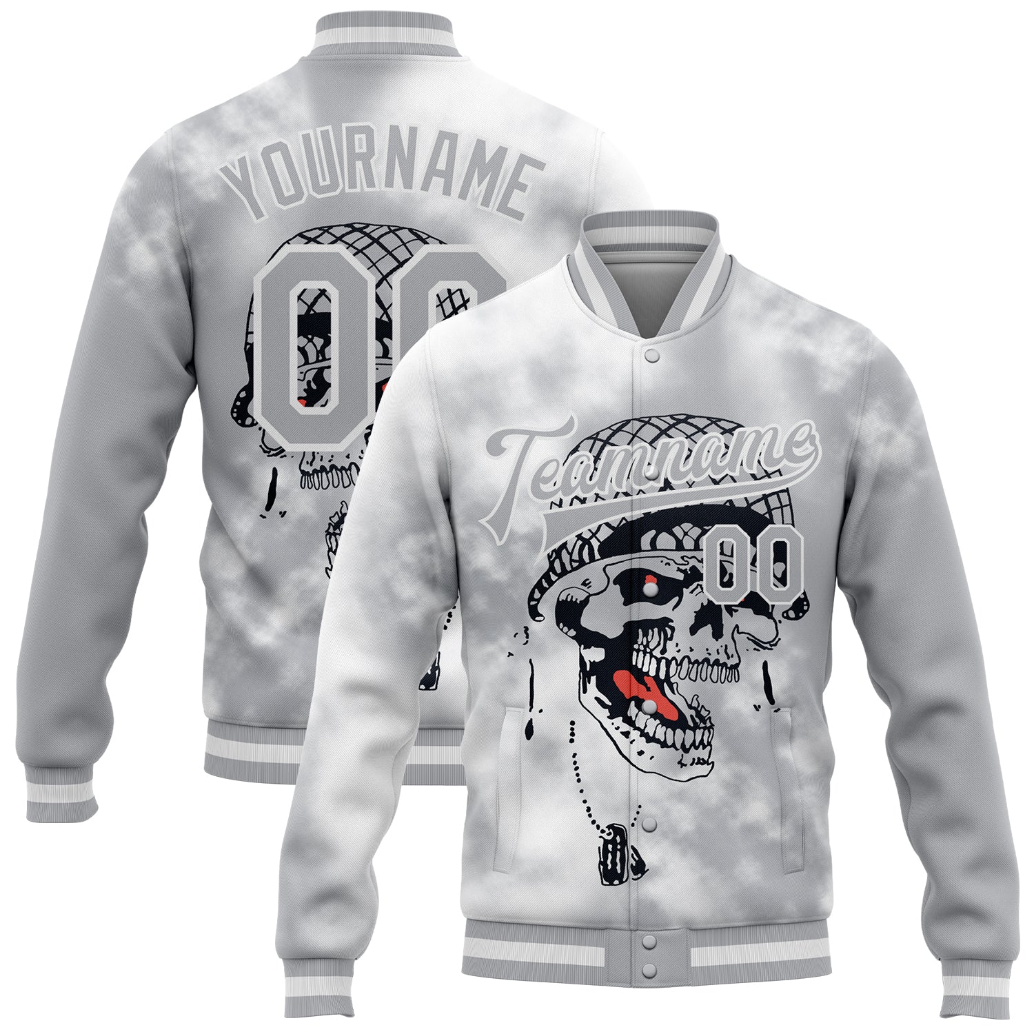Custom Gray White Skull Fashion 3D Bomber Full-Snap Varsity Letterman Jacket - Main View