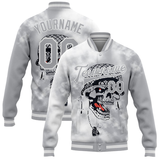 Custom Gray White Skull Fashion 3D Bomber Full-Snap Varsity Letterman Jacket - Main View