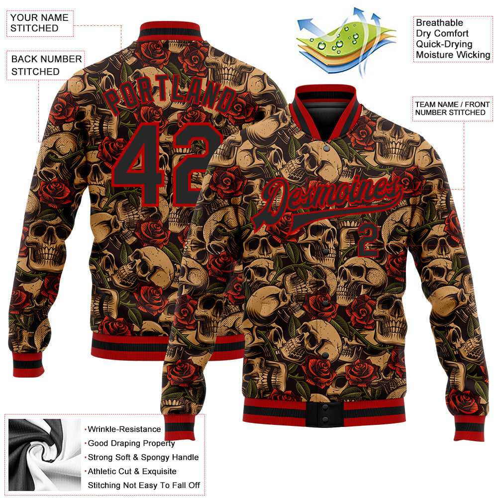 Custom Black Red Rose Skull Fashion 3D Bomber Full-Snap Varsity Letterman Jacket view 5
