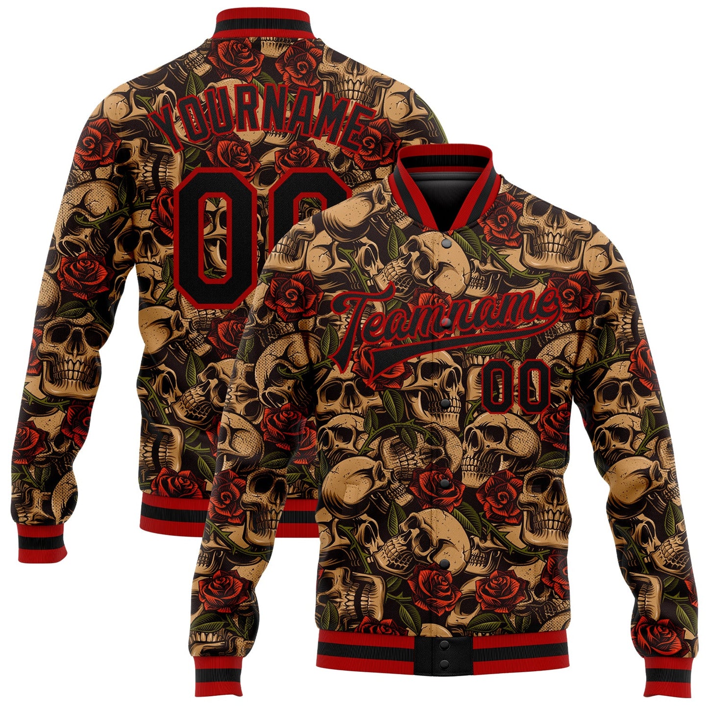 Custom Black Red Rose Skull Fashion 3D Bomber Full-Snap Varsity Letterman Jacket - Main View