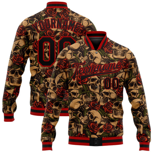 Custom Black Red Rose Skull Fashion 3D Bomber Full-Snap Varsity Letterman Jacket - Main View