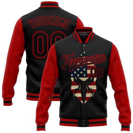 Custom Black Red Spartan Logo With Vintage USA Flag 3D Pattern Design Bomber Full-Snap Varsity Letterman Two Tone Jacket - Main View