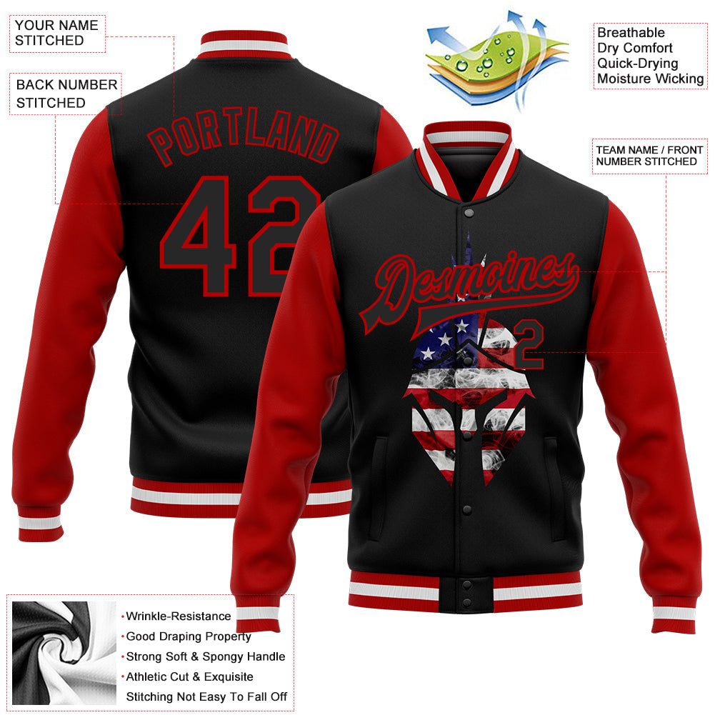 Custom Black Red Spartan Logo With USA Flag 3D Pattern Design Bomber Full-Snap Varsity Letterman Two Tone Jacket view 5