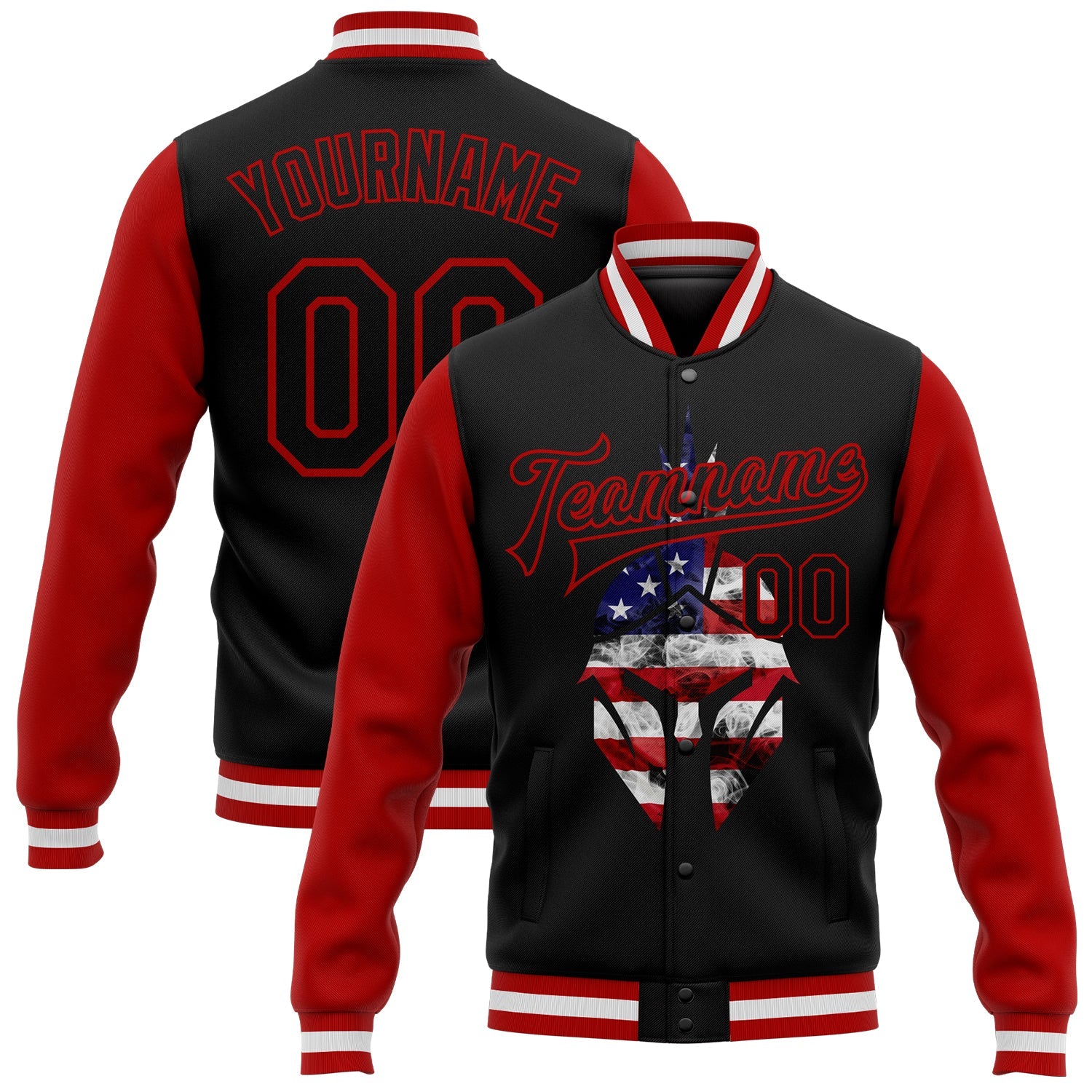 Custom Black Red Spartan Logo With USA Flag 3D Pattern Design Bomber Full-Snap Varsity Letterman Two Tone Jacket - Main View