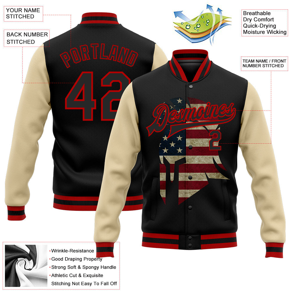 Custom Black Red-City Cream Spartan Logo With Vintage USA Flag 3D Pattern Design Bomber Full-Snap Varsity Letterman Two Tone Jacket view 5