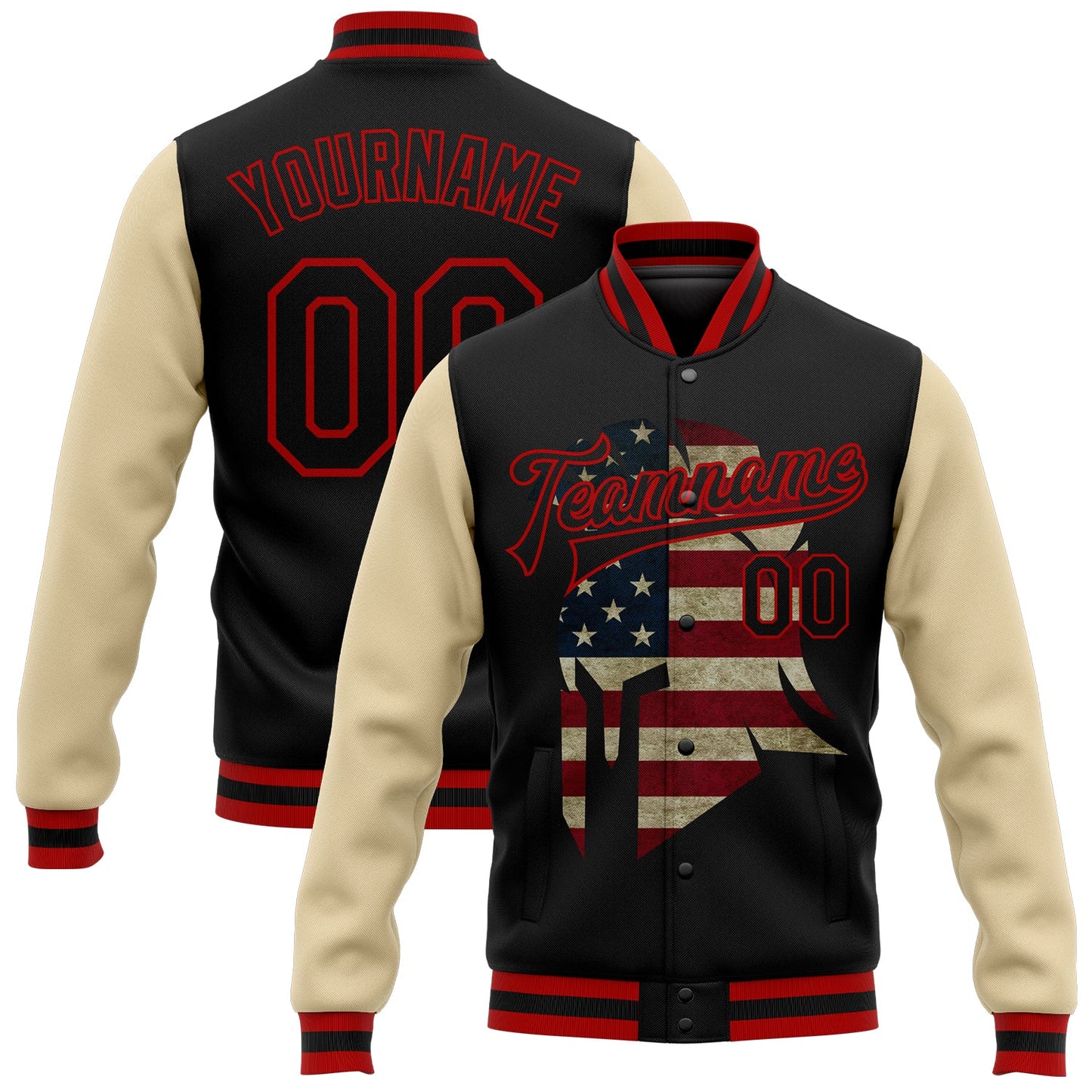 Custom Black Red-City Cream Spartan Logo With Vintage USA Flag 3D Pattern Design Bomber Full-Snap Varsity Letterman Two Tone Jacket - Main View