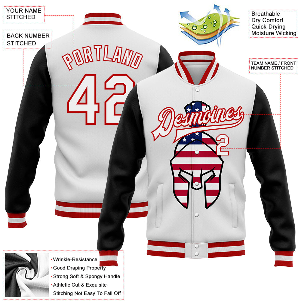 Custom White Red-Black Spartan Logo With USA Flag 3D Pattern Design Bomber Full-Snap Varsity Letterman Two Tone Jacket view 5