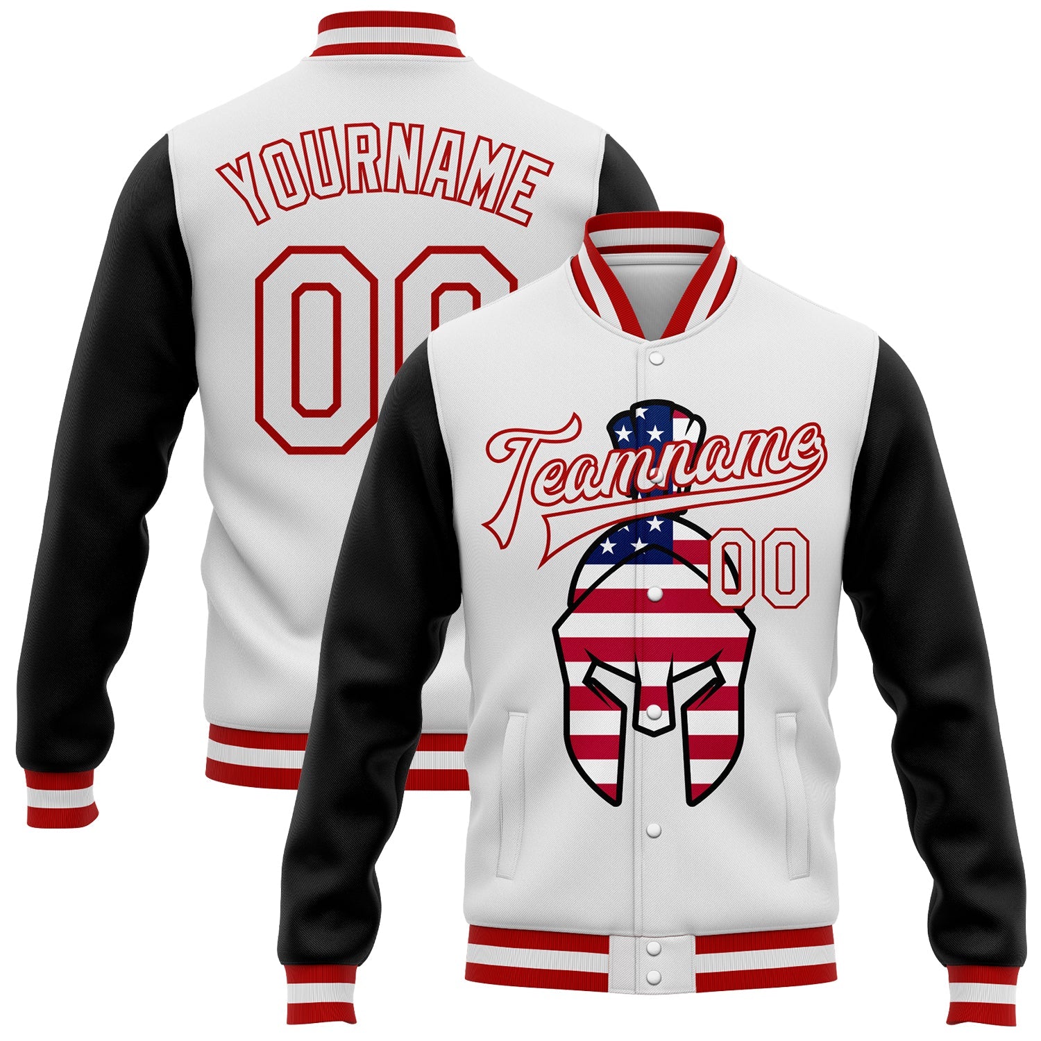 Custom White Red-Black Spartan Logo With USA Flag 3D Pattern Design Bomber Full-Snap Varsity Letterman Two Tone Jacket - Main View