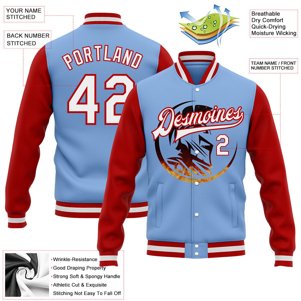 Custom Light Blue White-Red Spartan Logo 3D Pattern Design Bomber Full-Snap Varsity Letterman Two Tone Jacket view 5
