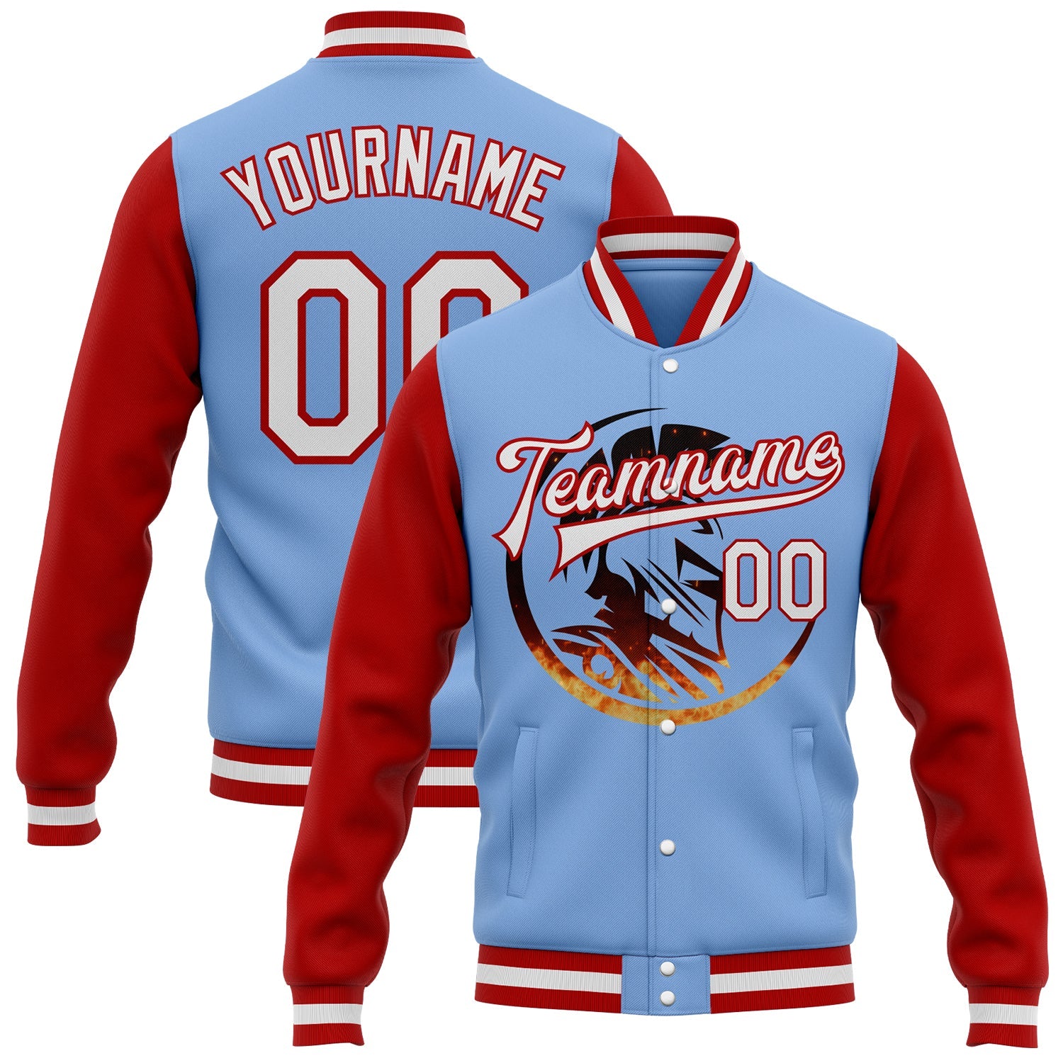Custom Light Blue White-Red Spartan Logo 3D Pattern Design Bomber Full-Snap Varsity Letterman Two Tone Jacket - Main View