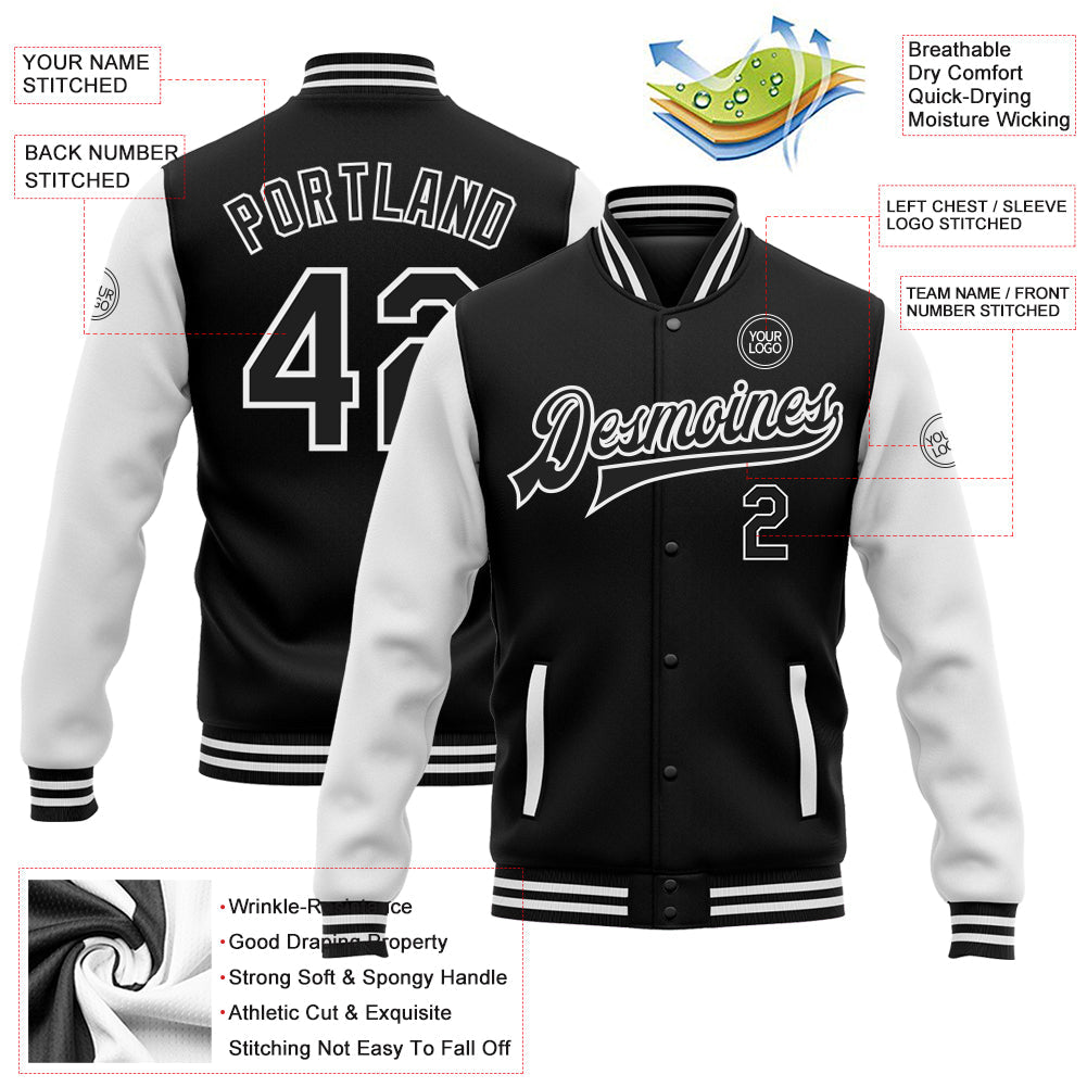 Custom Black White Bomber Full-Snap Varsity Letterman Two Tone Jacket view 5