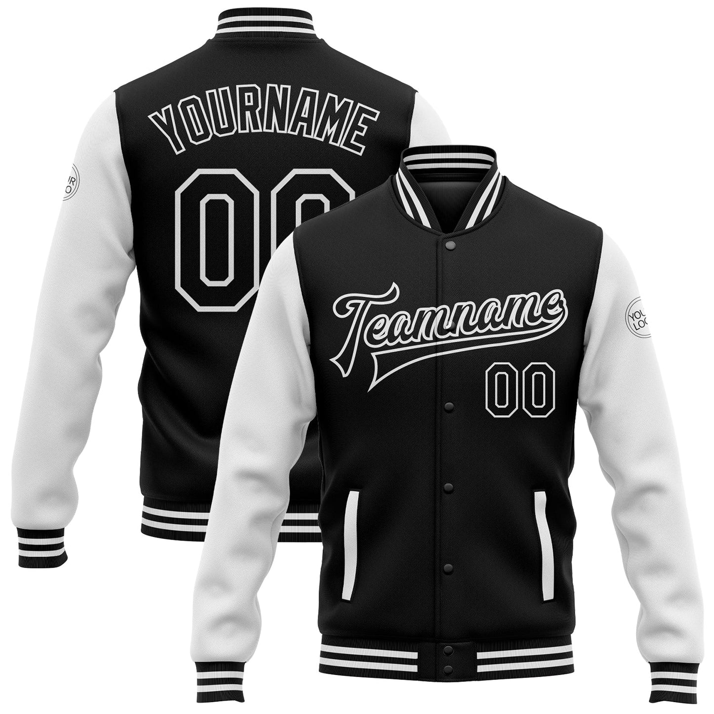 Custom Black White Bomber Full-Snap Varsity Letterman Two Tone Jacket - Main View