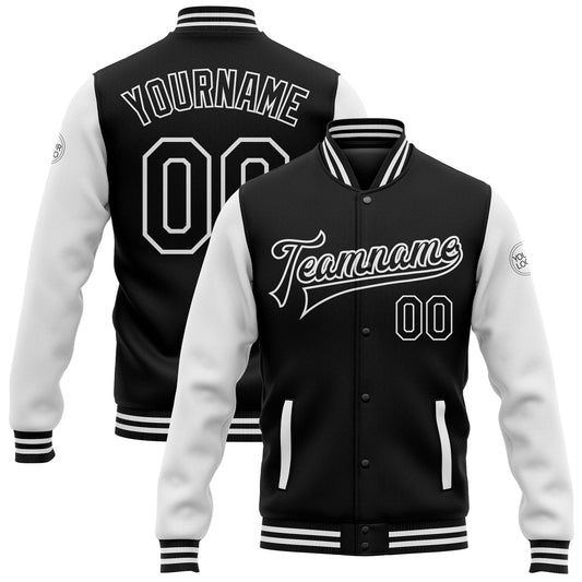 Custom Black White Bomber Full-Snap Varsity Letterman Two Tone Jacket - Main View