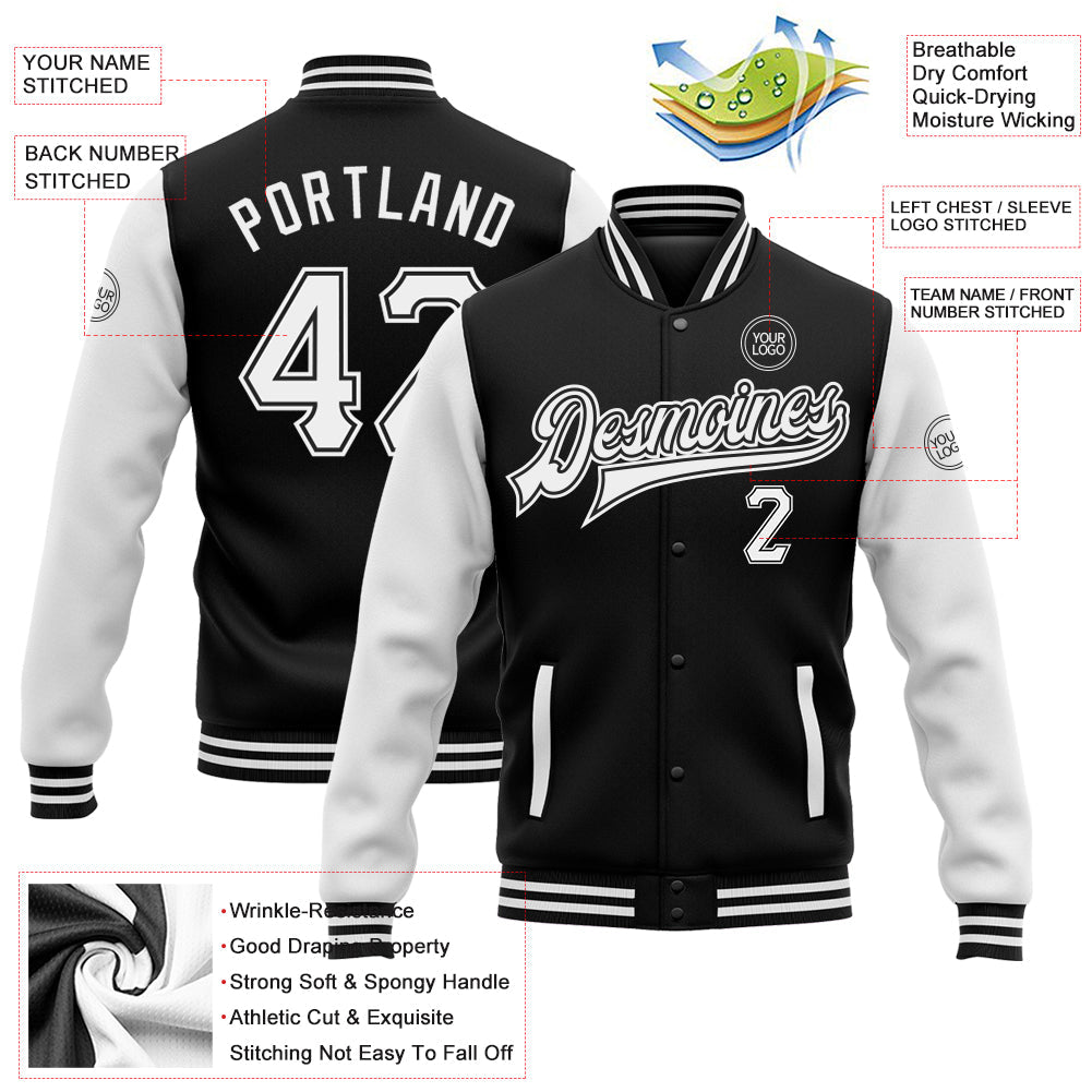 Custom Black White Bomber Full-Snap Varsity Letterman Two Tone Jacket view 5