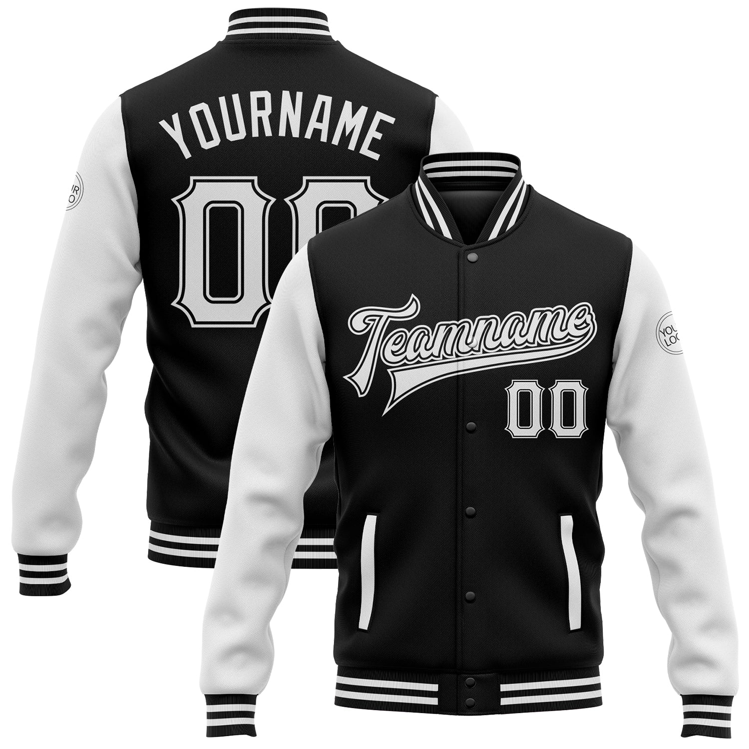 Custom Black White Bomber Full-Snap Varsity Letterman Two Tone Jacket - Main View