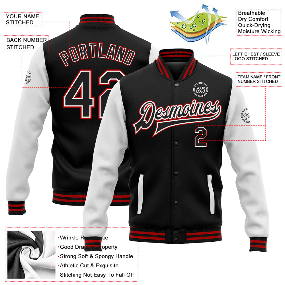 Custom Black White-Red Bomber Full-Snap Varsity Letterman Two Tone Jacket view 5