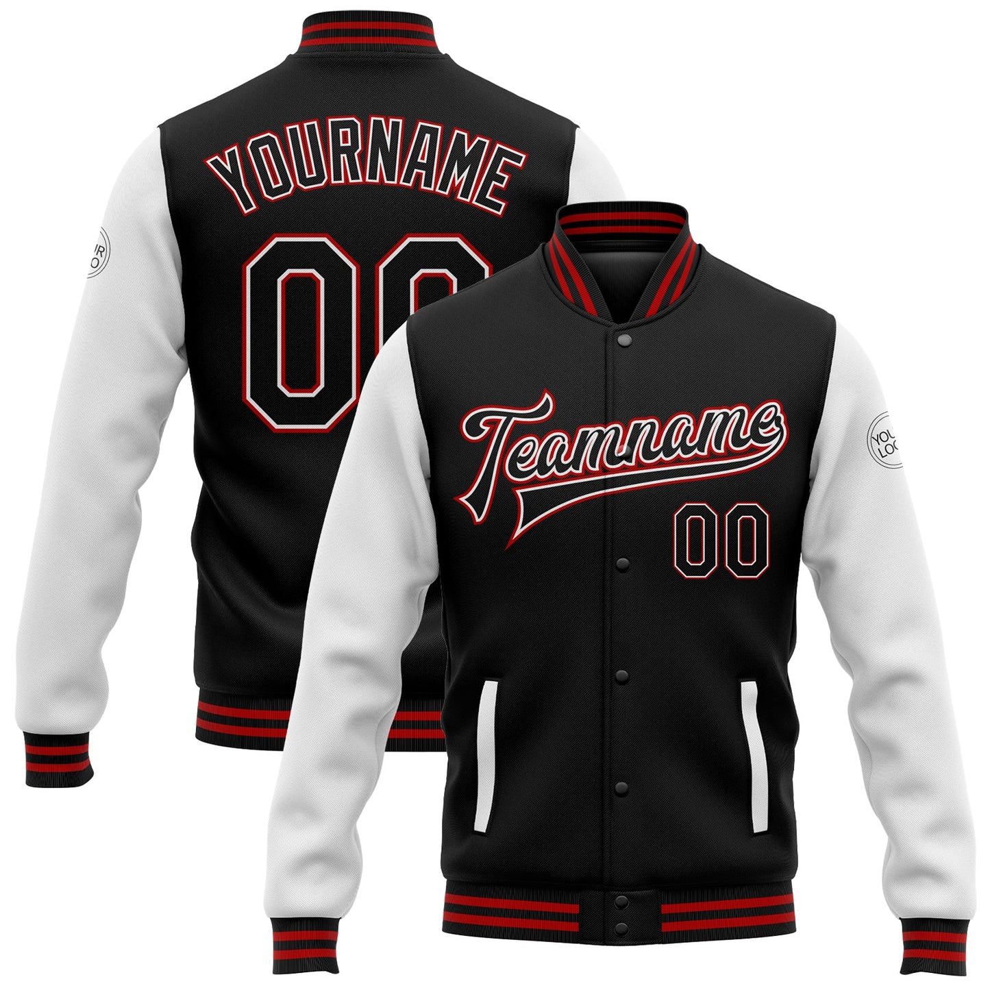 Custom Black White-Red Bomber Full-Snap Varsity Letterman Two Tone Jacket - Main View