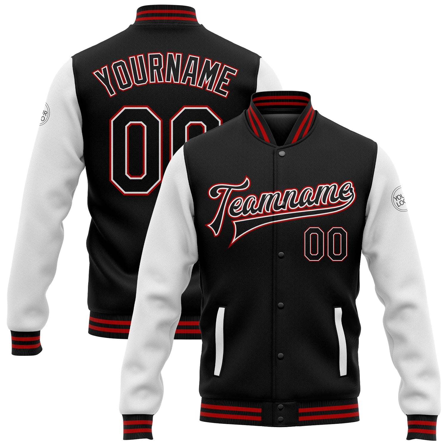 Custom Black White-Red Bomber Full-Snap Varsity Letterman Two Tone Jacket - Main View