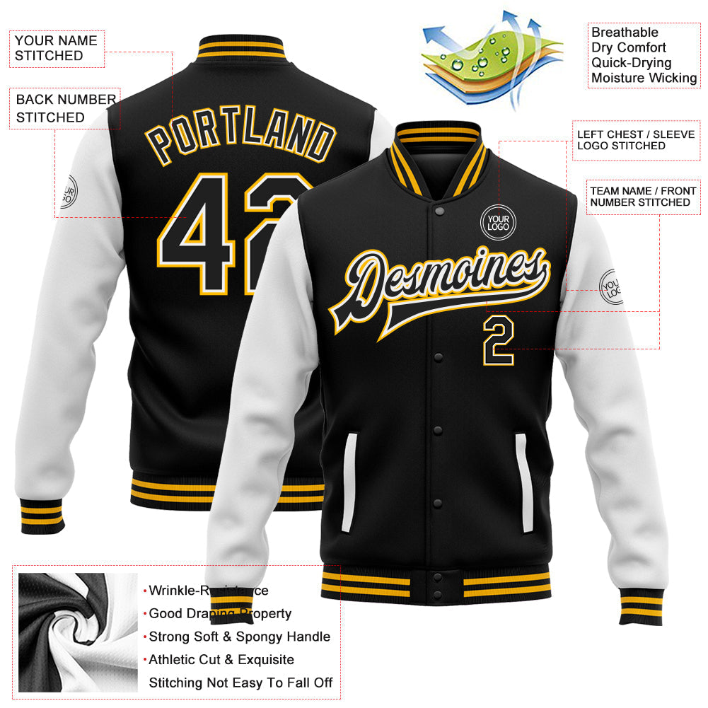Custom Black White-Gold Bomber Full-Snap Varsity Letterman Two Tone Jacket view 5