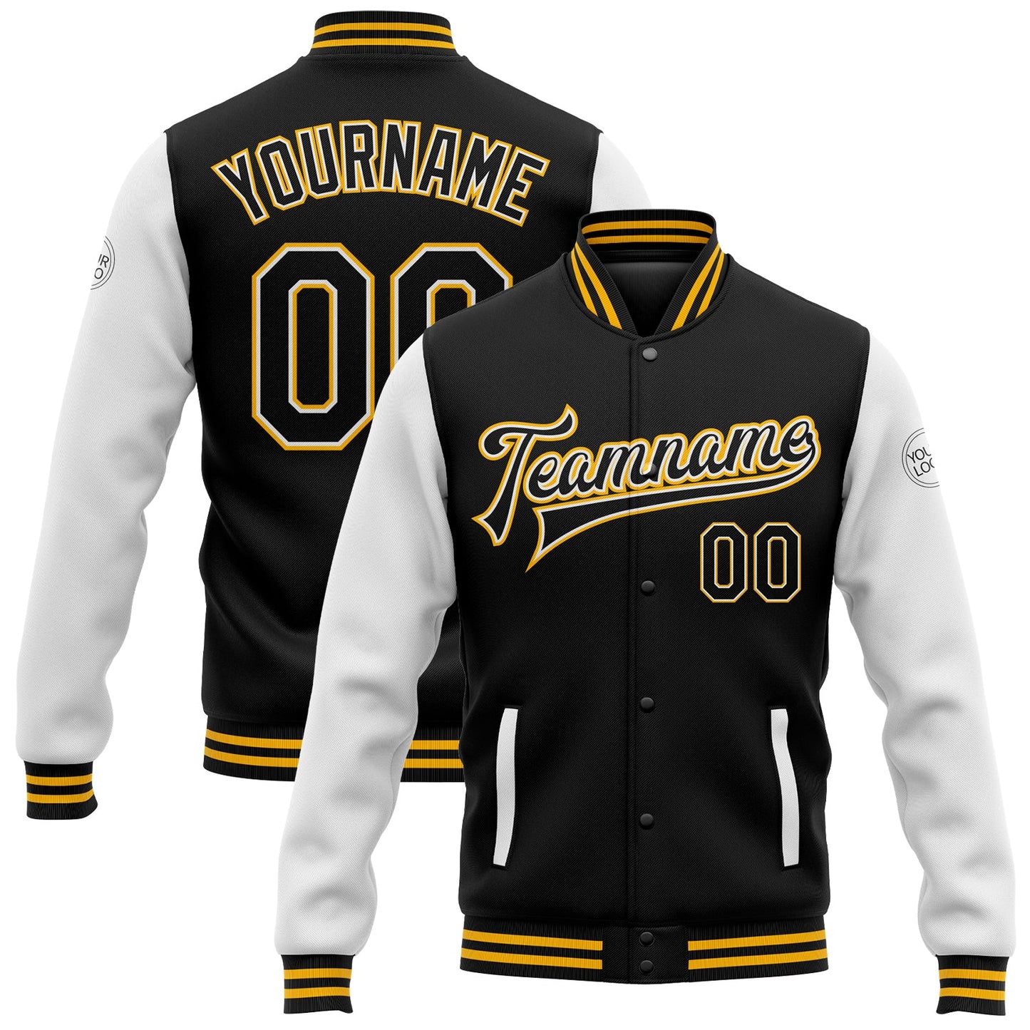 Custom Black White-Gold Bomber Full-Snap Varsity Letterman Two Tone Jacket - Main View