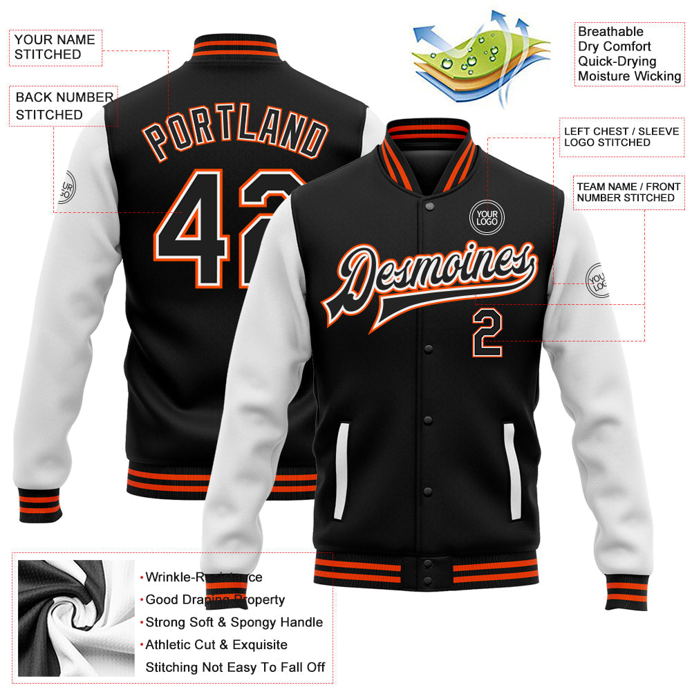 Custom Black White-Orange Bomber Full-Snap Varsity Letterman Two Tone Jacket view 5