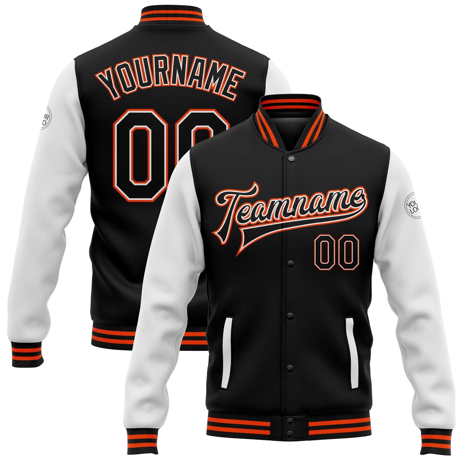 Custom Black White-Orange Bomber Full-Snap Varsity Letterman Two Tone Jacket - Main View