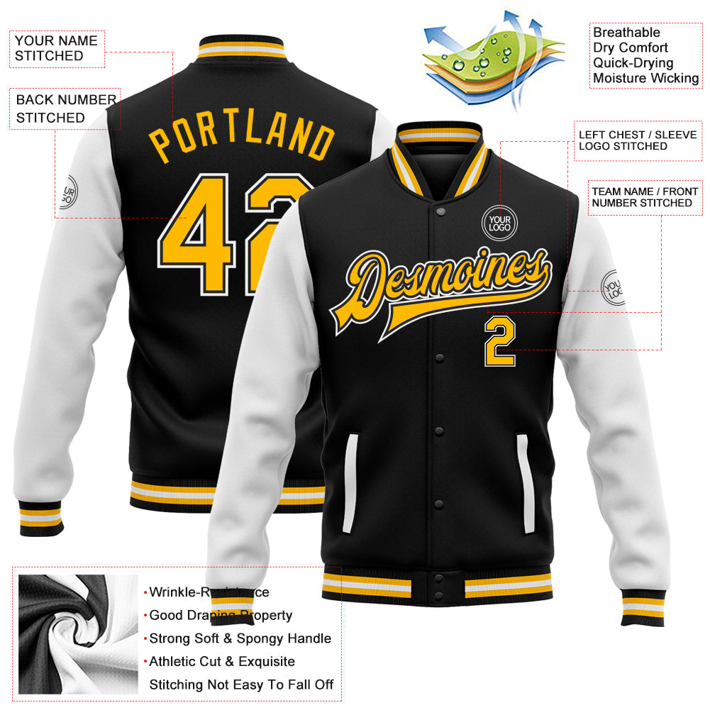 Custom Black Gold-White Bomber Full-Snap Varsity Letterman Two Tone Jacket view 5