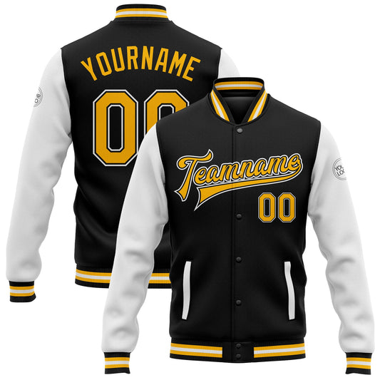 Custom Black Gold-White Bomber Full-Snap Varsity Letterman Two Tone Jacket - Main View