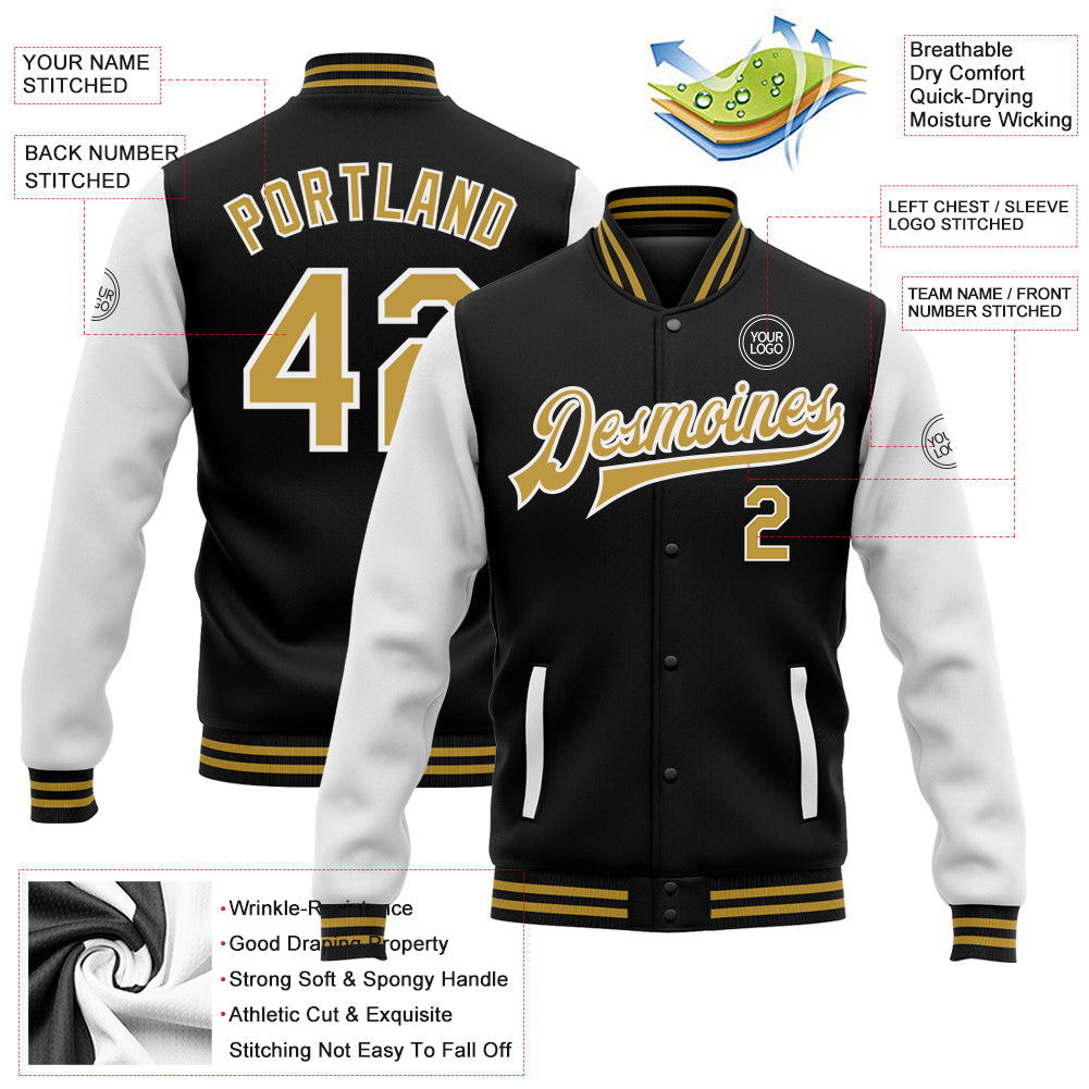Custom Black Old Gold-White Bomber Full-Snap Varsity Letterman Two Tone Jacket view 5