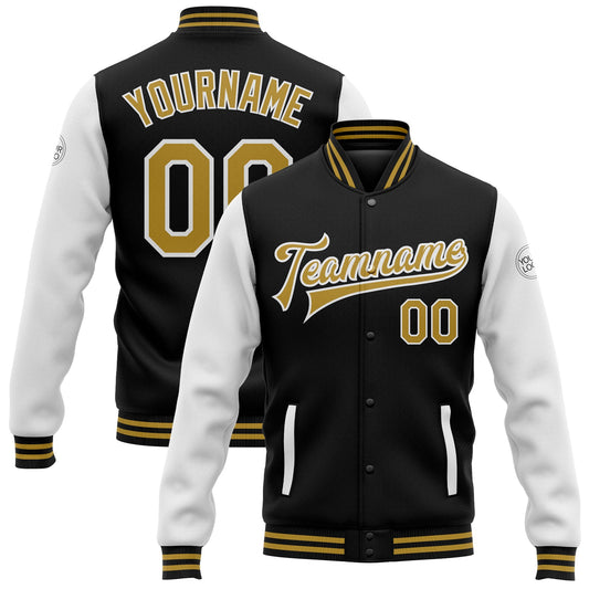 Custom Black Old Gold-White Bomber Full-Snap Varsity Letterman Two Tone Jacket - Main View