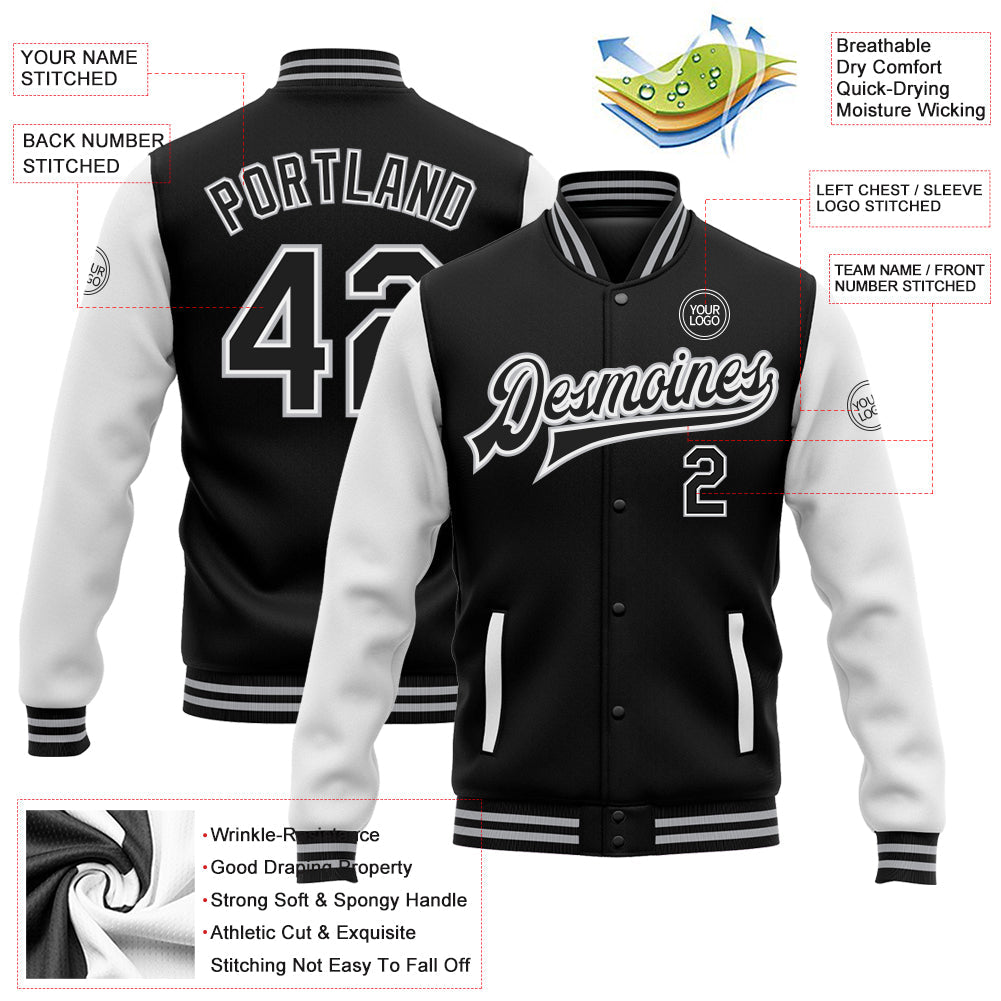 Custom Black White-Gray Bomber Full-Snap Varsity Letterman Two Tone Jacket view 5
