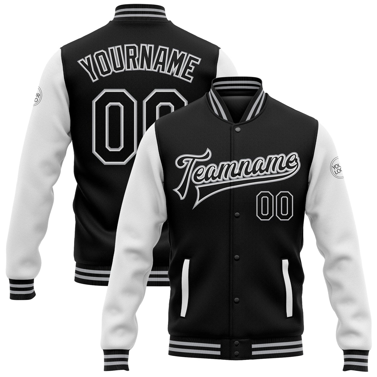 Custom Black White-Gray Bomber Full-Snap Varsity Letterman Two Tone Jacket - Main View