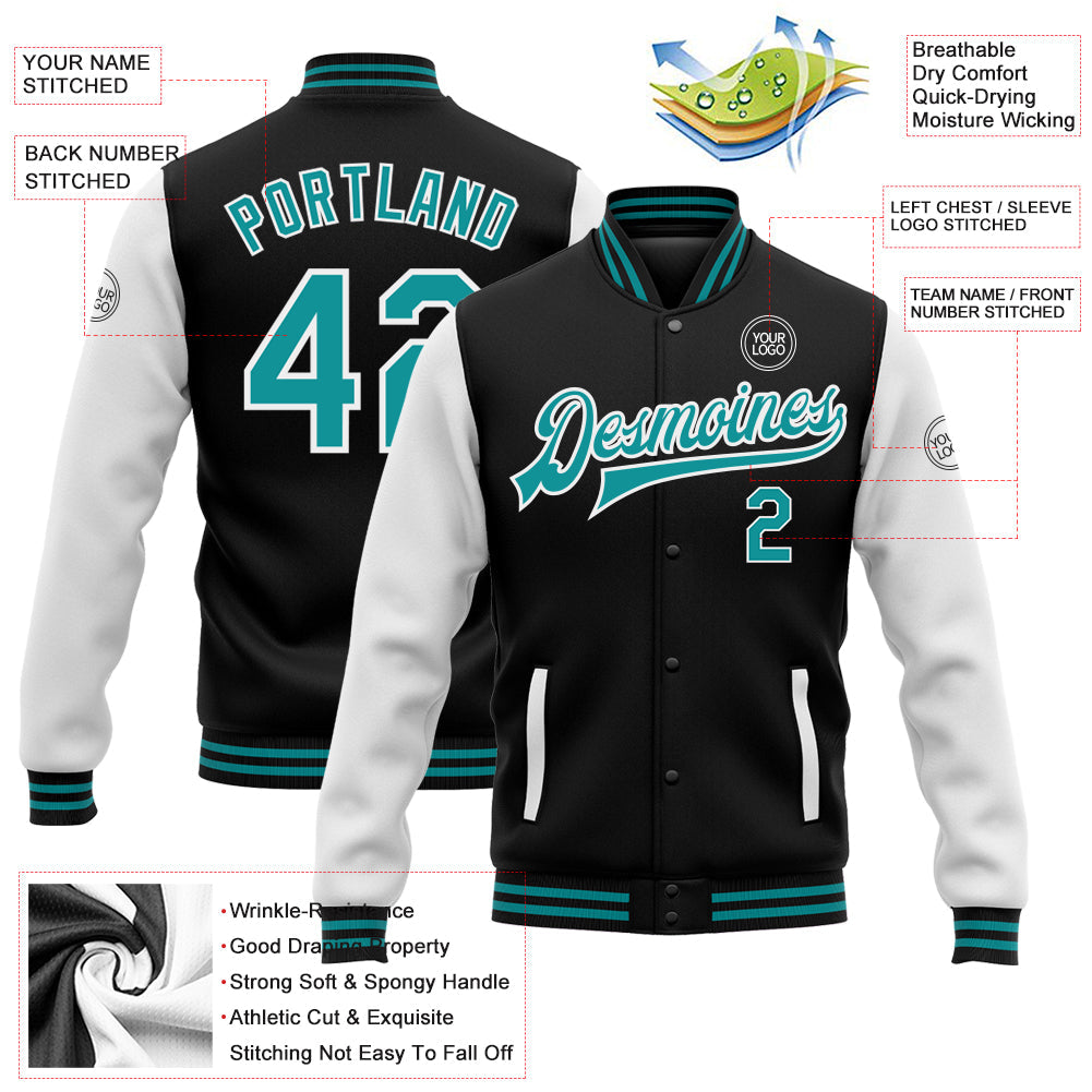 Custom Black Teal-White Bomber Full-Snap Varsity Letterman Two Tone Jacket view 5