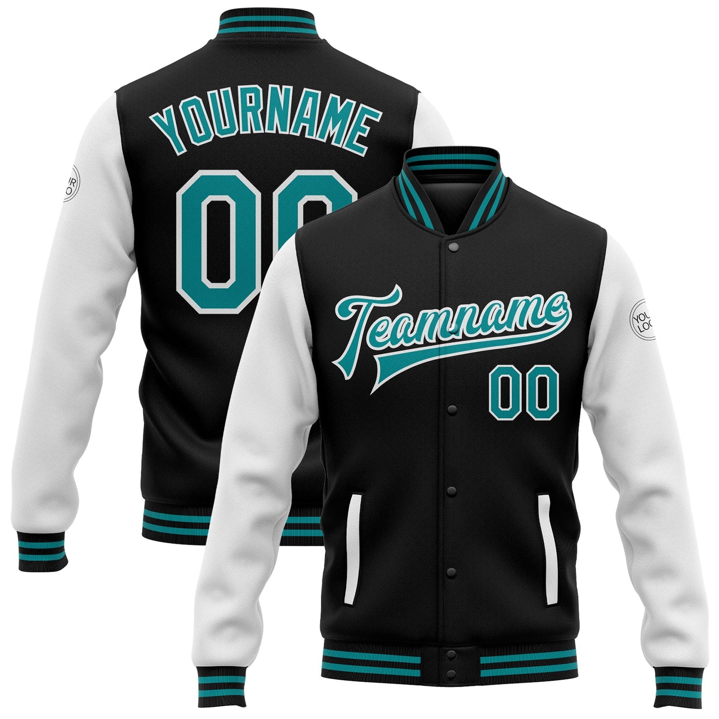 Custom Black Teal-White Bomber Full-Snap Varsity Letterman Two Tone Jacket - Main View