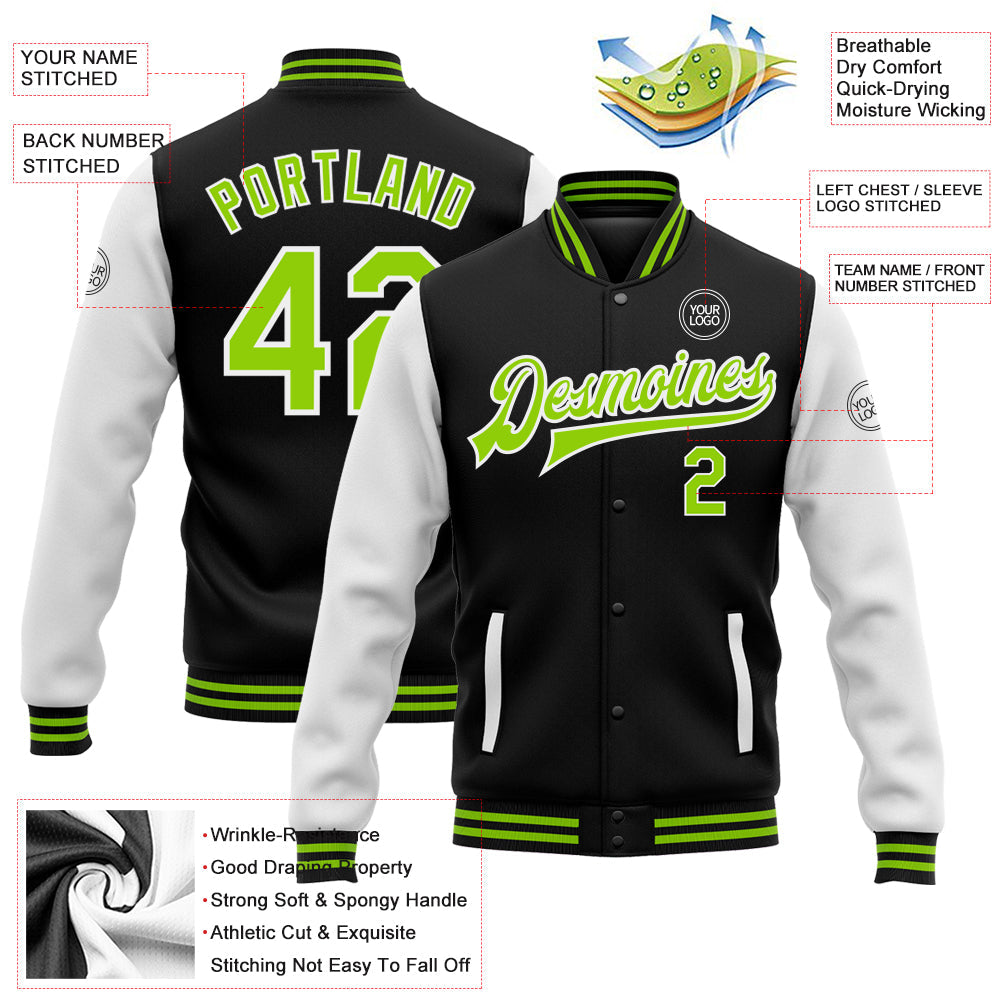 Custom Black Neon Green-White Bomber Full-Snap Varsity Letterman Two Tone Jacket view 5