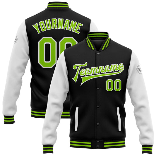 Custom Black Neon Green-White Bomber Full-Snap Varsity Letterman Two Tone Jacket - Main View