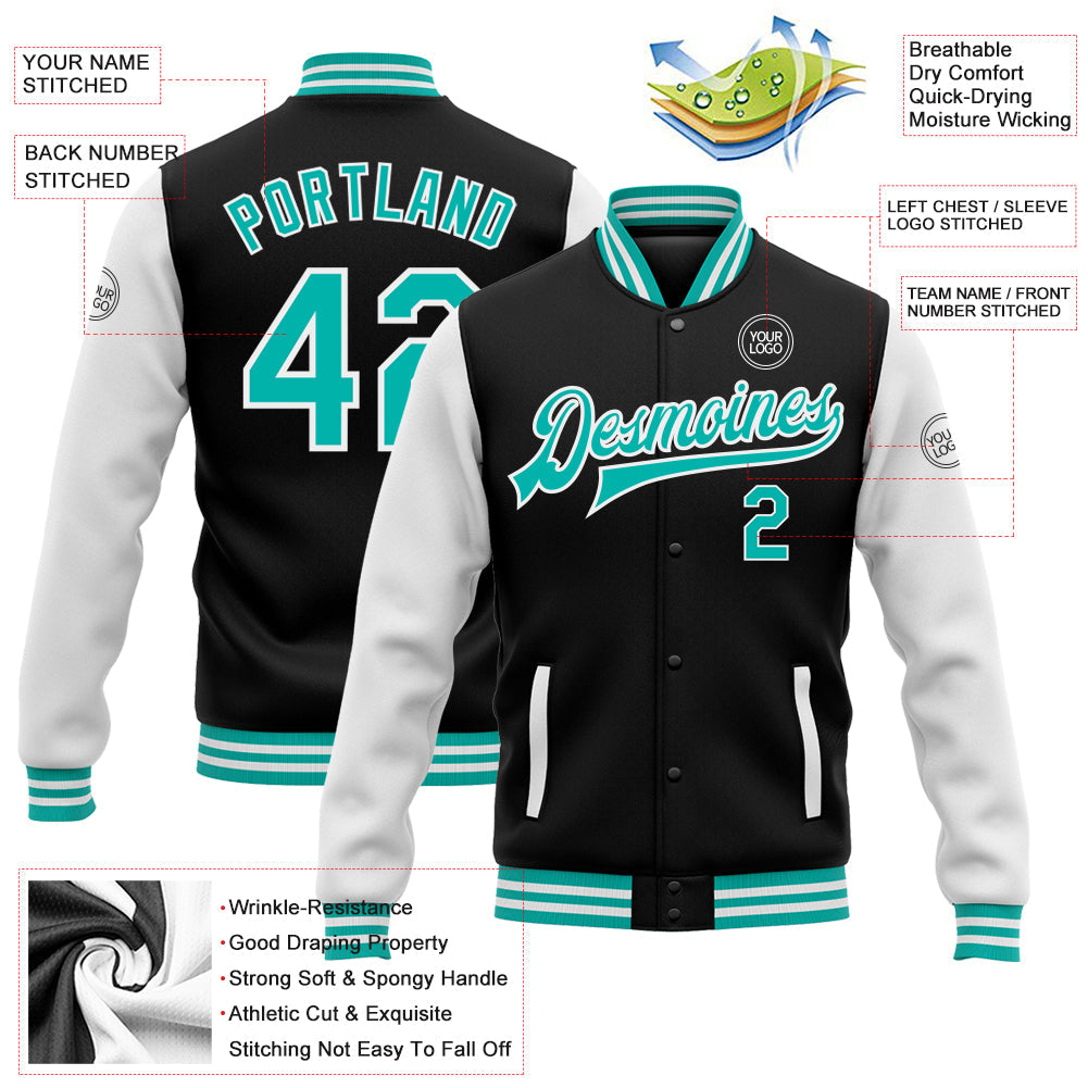 Custom Black Aqua-White Bomber Full-Snap Varsity Letterman Two Tone Jacket view 5