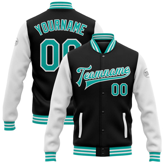 Custom Black Aqua-White Bomber Full-Snap Varsity Letterman Two Tone Jacket - Main View