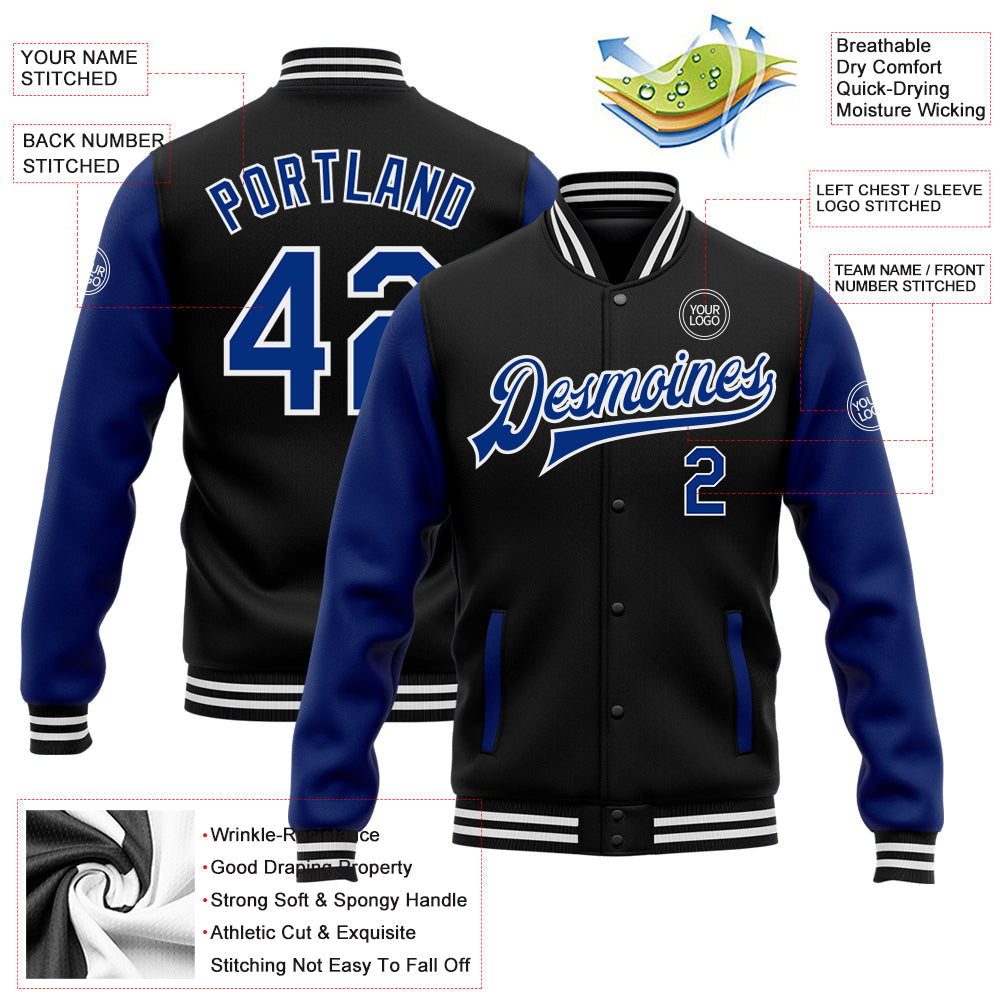 Custom Black Royal-White Bomber Full-Snap Varsity Letterman Two Tone Jacket view 5