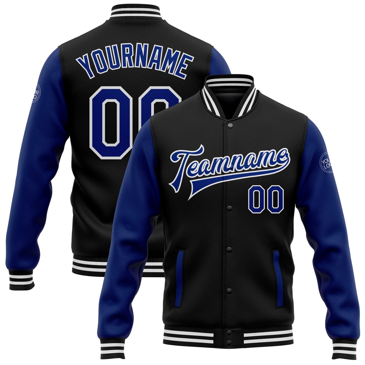 Custom Black Royal-White Bomber Full-Snap Varsity Letterman Two Tone Jacket - Main View