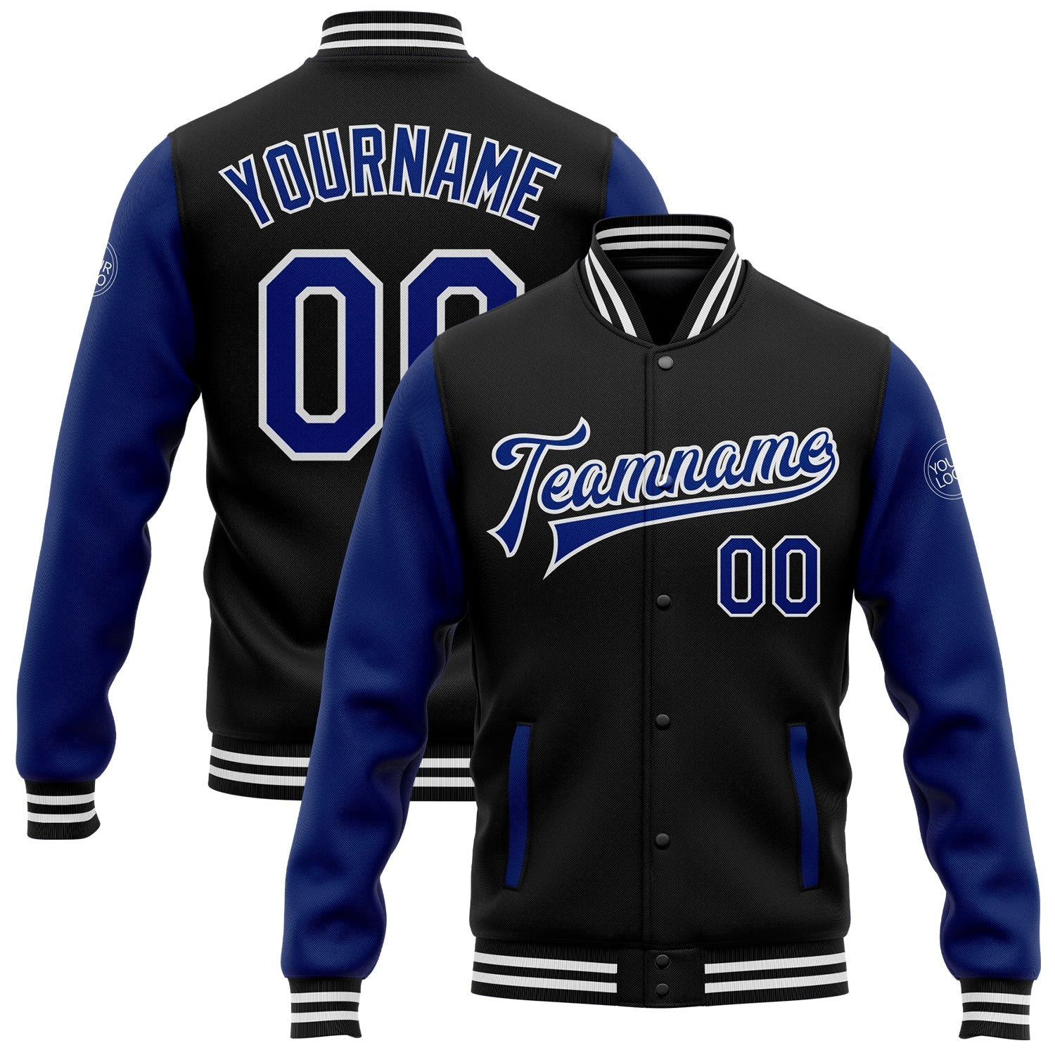 Custom Black Royal-White Bomber Full-Snap Varsity Letterman Two Tone Jacket - Main View