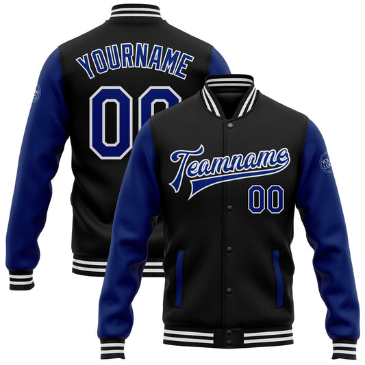 Custom Black Royal-White Bomber Full-Snap Varsity Letterman Two Tone Jacket - Main View