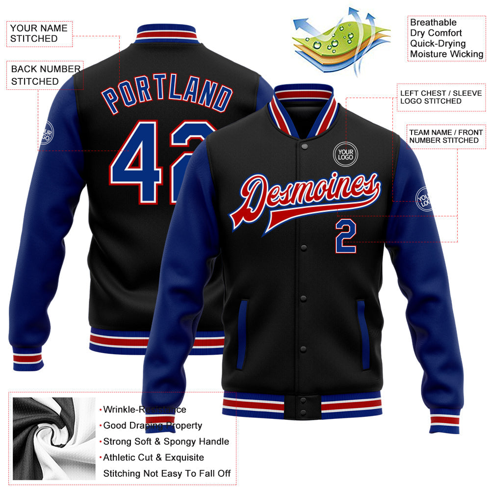 Custom Black Royal-Red Bomber Full-Snap Varsity Letterman Two Tone Jacket view 5