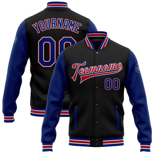 Custom Black Royal-Red Bomber Full-Snap Varsity Letterman Two Tone Jacket - Main View