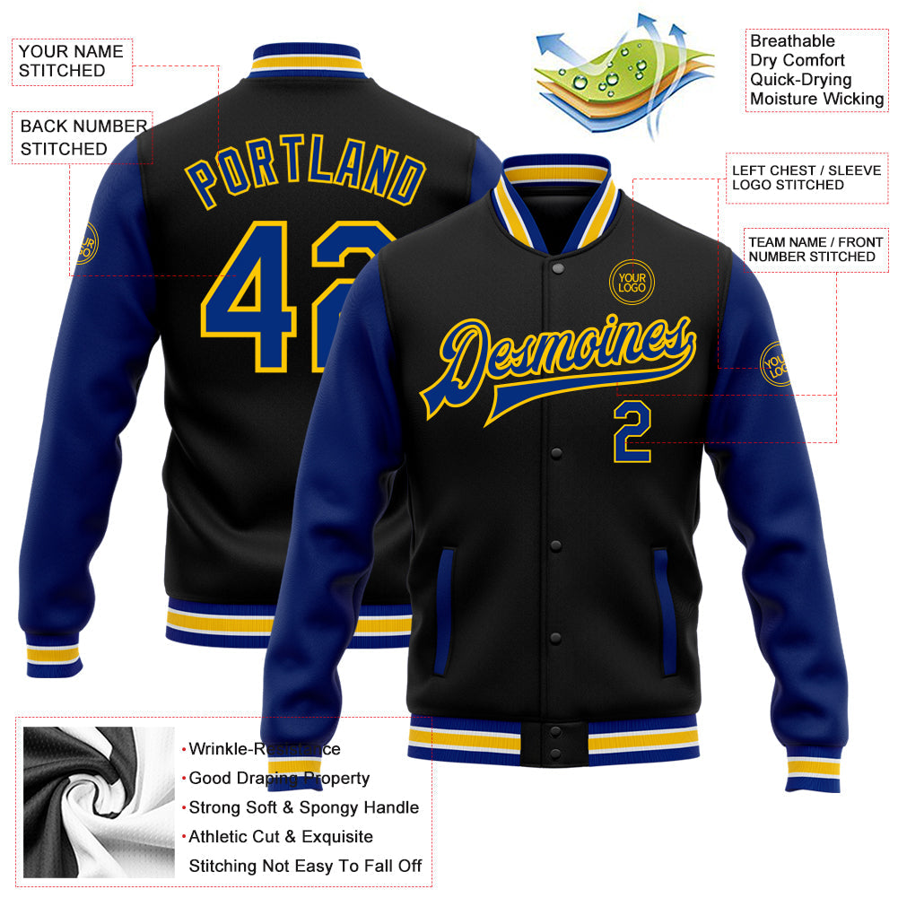 Custom Black Royal-Yellow Bomber Full-Snap Varsity Letterman Two Tone Jacket view 5