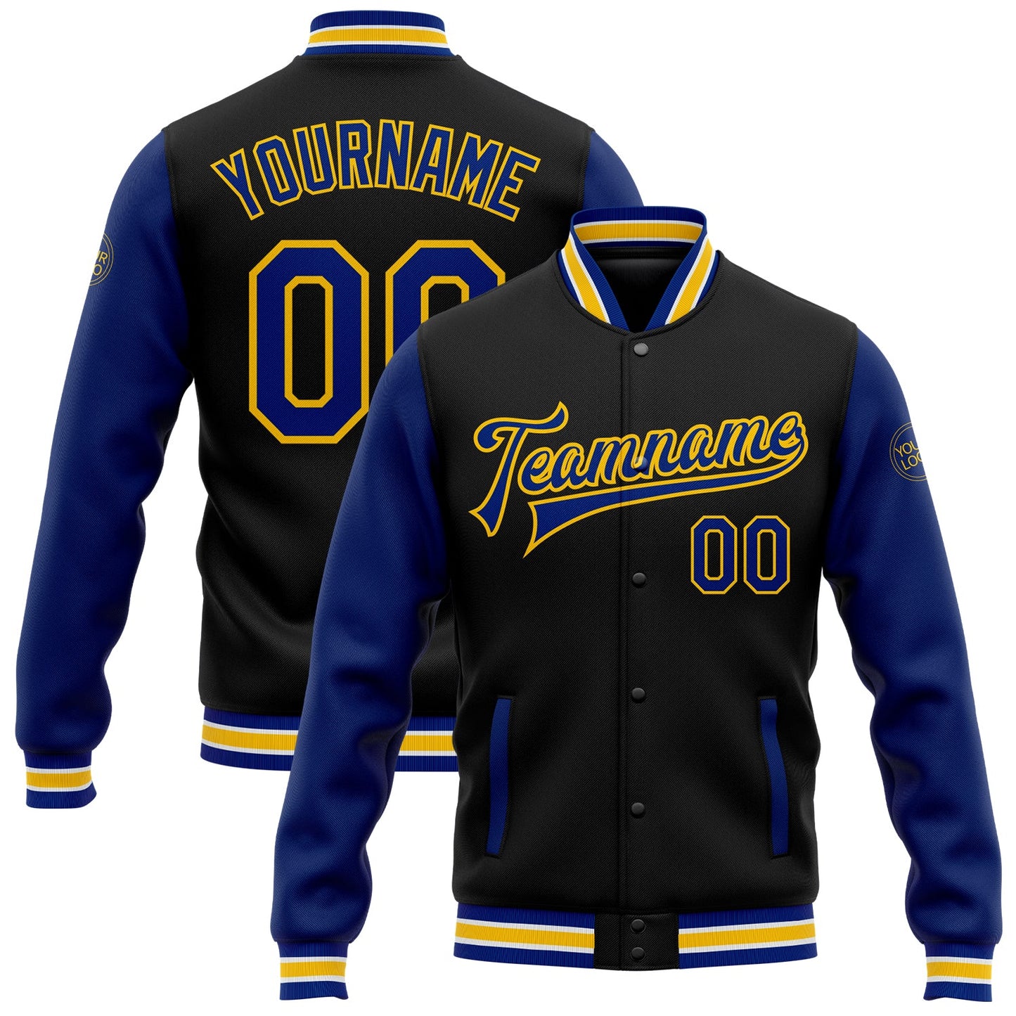 Custom Black Royal-Yellow Bomber Full-Snap Varsity Letterman Two Tone Jacket - Main View