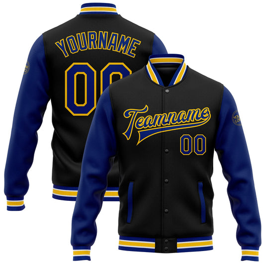 Custom Black Royal-Yellow Bomber Full-Snap Varsity Letterman Two Tone Jacket - Main View