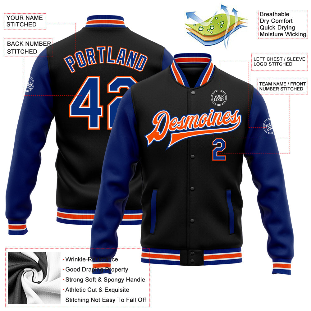 Custom Black Royal-Orange Bomber Full-Snap Varsity Letterman Two Tone Jacket view 5