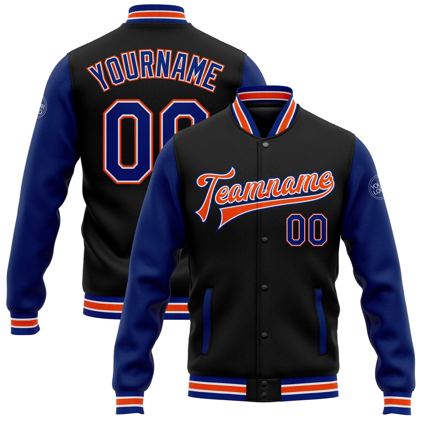 Custom Black Royal-Orange Bomber Full-Snap Varsity Letterman Two Tone Jacket - Main View
