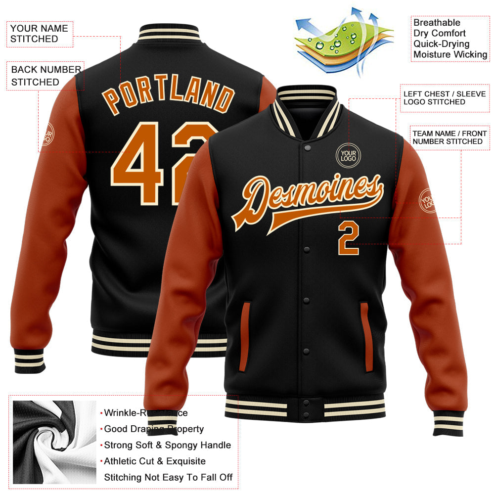 Custom Black Texas Orange-Cream Bomber Full-Snap Varsity Letterman Two Tone Jacket view 5